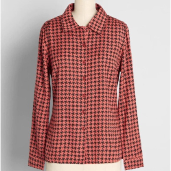NWOT Modcloth Pretty Vacant XXL Orange black Happy For Houndstooth Button-Up Top - Picture 1 of 8